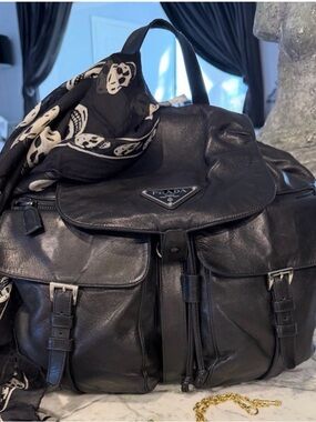 Prada Black Soft Calfskin Leather Drawstring Backpack w/ Dual Pockets